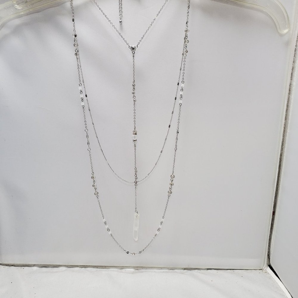silver chain quartz crystal 3 row layered necklace